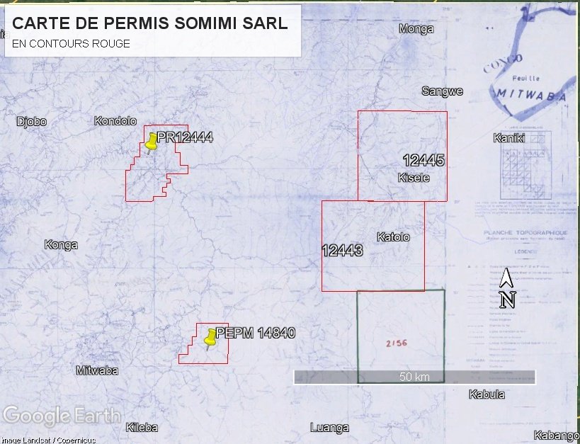 Carte des permis SOMIMI SARL — fond topographique Mitwaba